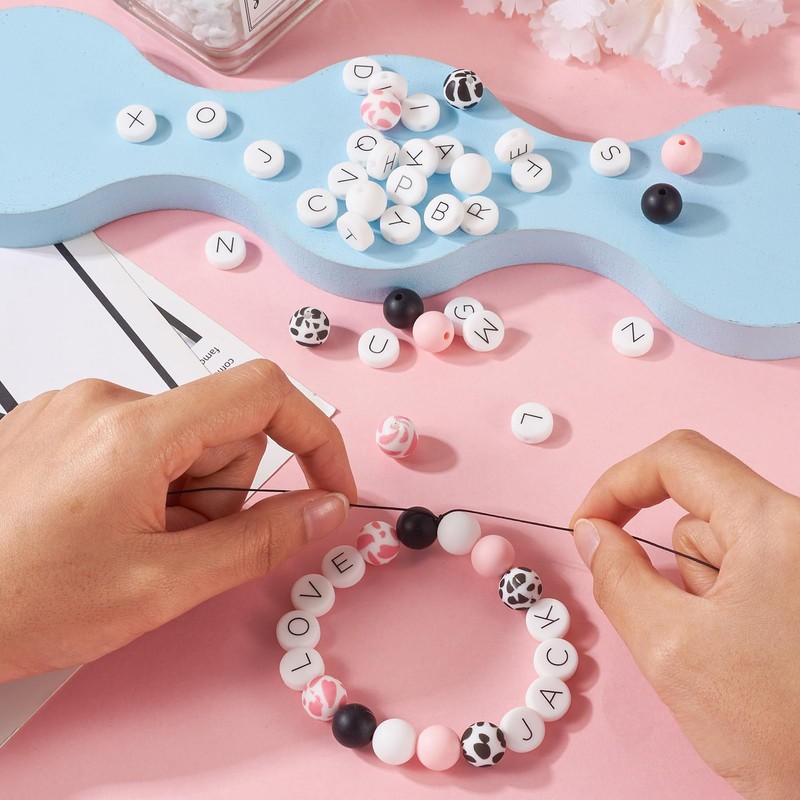 FASHEWELRY 36Pcs Silicone Letters Beads Round Alphabet A-Z Silicone Beads
