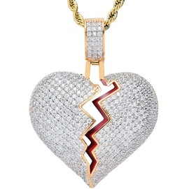 putouzip Men Broken Heart Chains 18k Gold Plated Fully Iced Out Pendant Link Chain Necklace (Gold/Silver Heart 931)