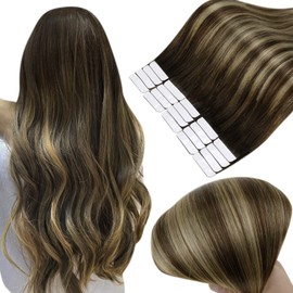 Full Shine Tape in Human Hair Extensions 16 Inch Invisible Tape Hair Extensions Color 2 Darkest Brown Fading to 3 and 27 Honey Blonde Balayage Hair Extensions 20 Pcs 50 Grams