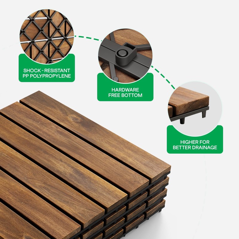 Idzo Interlocking Deck Tiles 9.6 SQFT - 10PCS Waterproof Acacia