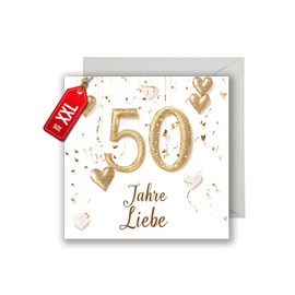 Goldene Hochzeit karte mit Umschlag - Geschenkkarte zum Jahrestag Gold Luftballons Konfetti Glitzer Herzen Glückwunschkarte zum Hochzeitstag Liebe 50 Jahre Ehe Ehepaar Jubiläum (XXL 22cm x 22cm)