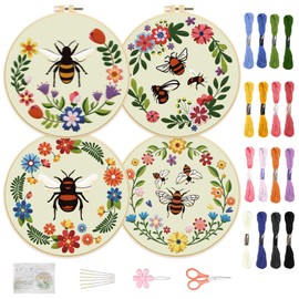 FREEBLOSS 4 Set 8'' Beginners Embroidery Kit Plants and Bees Patterns Embroidery Starter Kit with Instructions Include Embroidery Fabric Embroidery Hoops and Threads for Hanging Decor