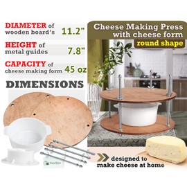 Wooden Cheese Press for Cheese Making Supplies Diameter 11 in Metal Guides Walnut and Cheese Mold with Follower Piston 1.3 Qt - Small Home Supply Ultimate Cheese Press Machine - Prensa Para Queso
