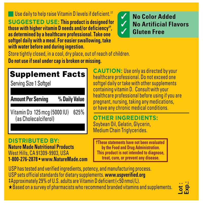 Nature Made Vitamin D3 5000 IU (125 mcg) Softgels, Extra