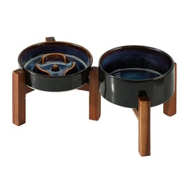 Havniva Ceramic 0.9 Cup Raised Slow Feeder Dog Bowl Set, Elevated 6.1inch Water Bowl and 6.1inch Slow Dish with Acacia Wood Stand for Small Dogs (2 x Starry Sky+ Stand)