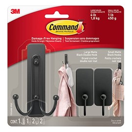 Command Matte Black Hooks Combo Pack 17036MB-VPEF, 3 Hooks, 3 Strips