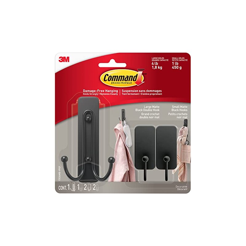 Command Matte Black Hooks Combo Pack 17036MB-VPEF, 3 Hooks, 3