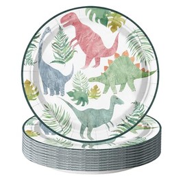 WRAPAHOLIC 25Pcs Birthday Paper Plates - 7 Inch Dinosaur Green Plant Disposable Plates Decorative Dinner Plates for Party Tableware Supplies Table Decor