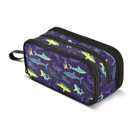 Sletend Shark Pen Case Cartoon Printed Zipper Pouch Pen Bag 3 Compartment Pencil Case