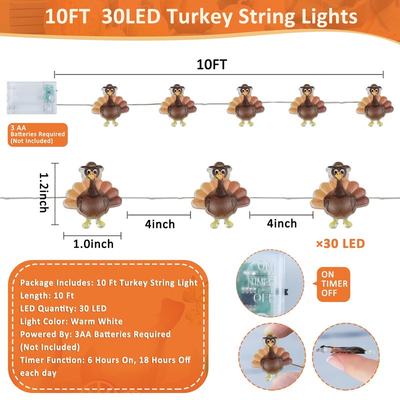 Sakayo [Timer] Fall Thanksgiving Turkey Lights Decorations, 10FT 30LED Copper