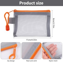 Pack of 10 Small Mesh Bags with Zip, 11 x 8 cm Portable Travel Zip Pockets, Nylon Mesh Pen Bag, Transparent, Mesh Pouch Mini Toiletry Bag for Small Items, Keys (Grey)