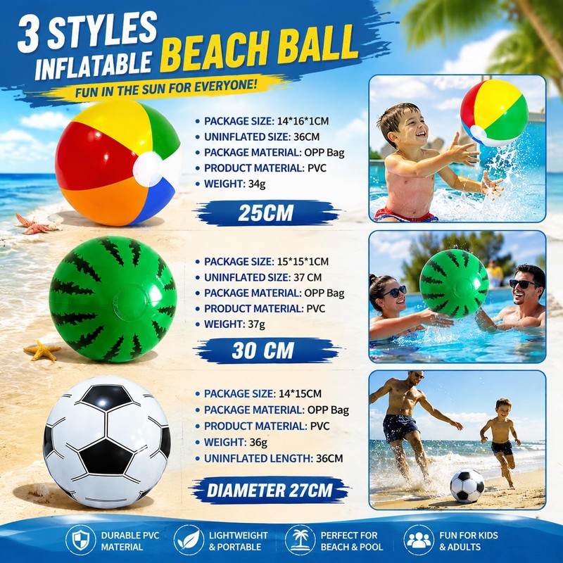 3 Pack Inflatable Beach Balls - Watermelon & Football Designs