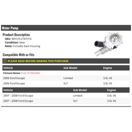 Marketplace Auto Parts Water Pump - Compatible with 2006-2008 Ford Escape 3.0L V6 (Fits From 1/30/2006)