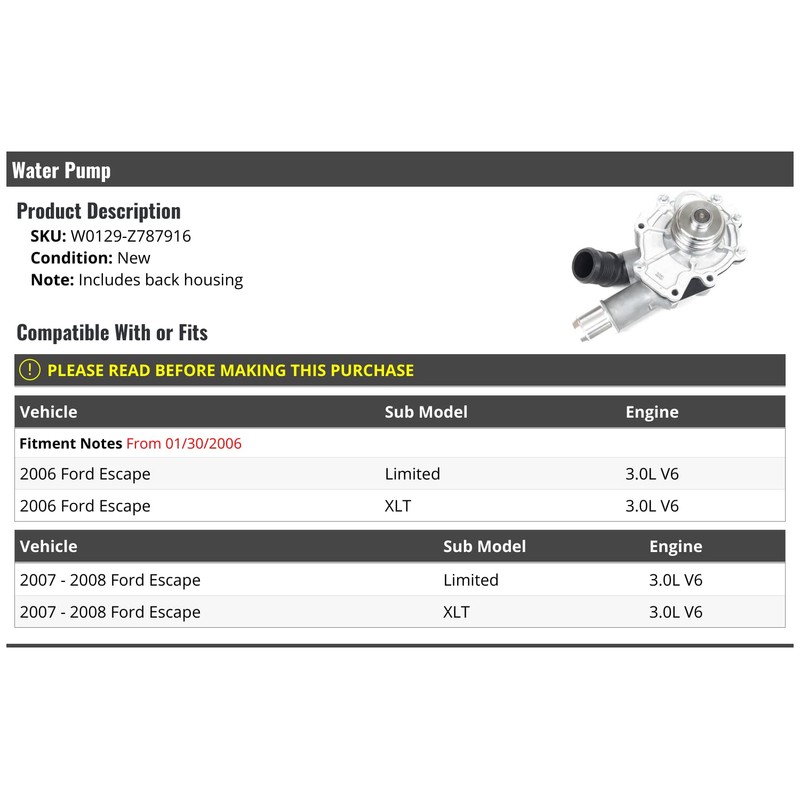Marketplace Auto Parts Water Pump - Compatible with 2006-2008 Ford