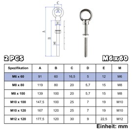 ORTAVA Eye Bolts Long M6 x 60 mm, Pack of 2 Eye Bolts with Washers and Hex Nuts, Eye Bolt Stainless Steel 316 V4A A4, Eye Bolt for Mounting and Suspension