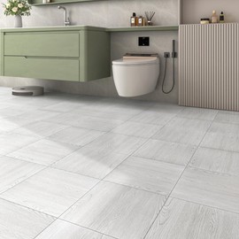 FunStick 12"x12" Off White Washed Wood Peel and Stick Floor Tile Waterproof White Wood Vinyl Flooring Peel and Stick on Floor Tiles for Kitchen Bathroom Bedroom Sticky Laminate Flooring Tiles 5 Pcs