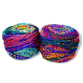 Revolution Fibers Multi-Color Recycled Sari Silk Yarn, Handspun Sari Fabric Scrap Yarn Cakes | 100 Grams per Ball - Size: 2-Pack