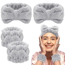 Chuangdi 4 Pcs Microfiber Headband Spa Wristbands and Wrist Bands for Washing Face Cuffs Towel Wristbands Hair Headband Face Wash Cuffs for Women Makeup(Gray)