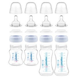 Maymom Wide-Mouth Milk Storage Collection n Feeding Bottle with Nipple, Dome Cap, Bottle Top, SureSeal Disk; Compatible with Spectra/Luna Pumps; 4.7oz/140mL, 2pc & 9oz/280mL, 2pc