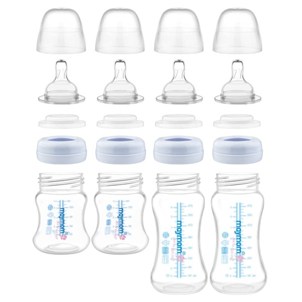 Maymom Wide-Mouth Milk Storage Collection n Feeding Bottle with Nipple, Dome Cap, Bottle Top, SureSeal Disk; Compatible with Spectra/Luna Pumps; 4.7oz/140mL, 2pc & 9oz/280mL, 2pc