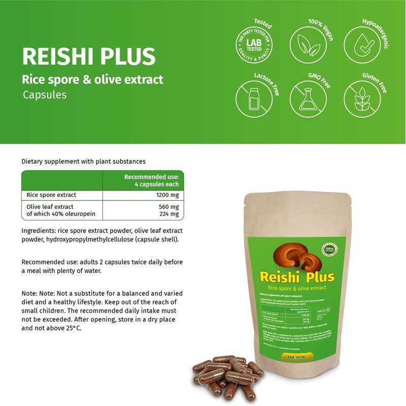 Reishi Sporen Extrakt mit Olivenblatt-Extrakt (40% Oleuropein) Kapseln, Vegan (360