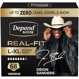 Depend Real Fit Adult Diapers, Incontinence Underwear for Men, Disposable, Maximum Absorbency, Large/Extra Large, Black, 68 Count, Packaging May Vary