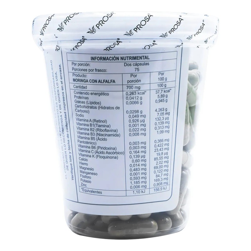 Moringa Prosa 150 Cápsulas Hojas Moringa Y Alfalfa Polvo Sabor