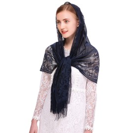 PAMOR - Bufanda de velo de capilla con velo de Mantilla rectangular, cubierta de cabeza con ribete de flecos, Azul marino, Talla única