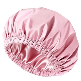 Satin Lined Shower Cap for Women, Reusable Waterproof Hair Cap, Large Washable Bath Caps with Soft Elastic Band, Protect Long Hair Braids(Pink)