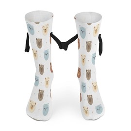 1 Pair Soft Socks Black Holding Hands, Compression Knee High Stockings Long Athletic Circulation 16x3.9 in Print Seamless White, Blue and Brown Bear Heads with Polka Dots on White