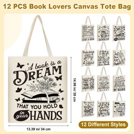 Sweetude 12 Pcs Canvas Book Tote Bag Bulk Book Lovers Club Gifts Watercolor Christian Bookish Librarian Reader Gifts with Zippered Interior Pocket Reusable for Women Men Travel Shopping Work Grocery
