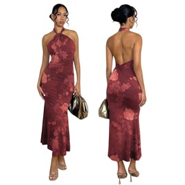 SKAYS Women's Summer Dress Halter Bodycon Maxi Dress Floral Backless Going Out Casual Elegant Party Dresses Brown Floral M