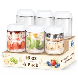 SECLENT 6-Pack Glass Storage Containers with Lids, Overnight Oats Containers with Lids, Wide Mouth Mason Jars 16oz, Glass Jar with Airtight Lid for Yogurt, Chia, Suger, Snack, Oats, Food Storage