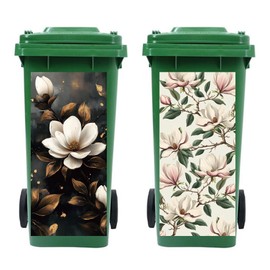 Peacoblue Wheelie Bin Stickers 2 Sheets Magnolia Sticky Dustbin Stickers Decals, 15" x 32" Waterproof Large Wraps for Trash Cans Bins Fridges Door Wall Garden Outdoor Indoor Patio Decor