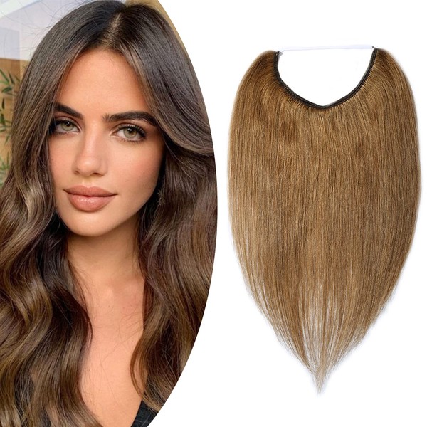Real Hair Extensions with Invisible Wire, 1 Weft Hairpiece, Remy Hair Thickening, Straight, Light Brown #6-1, 16 Inches, 40 cm, 60 g
