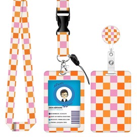 ID Badge Holder with Lanyard Fashionable ID Card Holders with Retractable Lanyards Soft Fiber Metal Clip Sturdy Buckle for Key Wallet Work Nurse Teacher (Beige Pink Checkerboard)