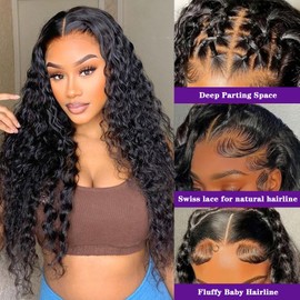 Gulenme Deep Wave Lace Front Wigs Human Hair 13x6 HD Pre Plucked curly wig 200 Density Deep Wave Curly Glueless Frontal Wigs for woman Human Hair （22 inch,Natural Black）