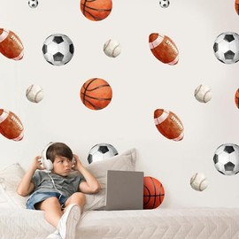 Sport Balls Wall Decals, Sports Wall Stickers, Boy Kids Athletic Decor, Soccer, Basketball, Football, Baseball Decor for Home Gyms, Play Room, Office