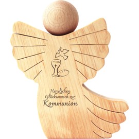 Geschenkissimo Herzlichen Glückwunsch zur Kommunion - Wooden Angel with Engraving - Decoration & Money Gift - Keepsake for Godchild, Grandson or as a Table Decoration for Celebration Gift Idea