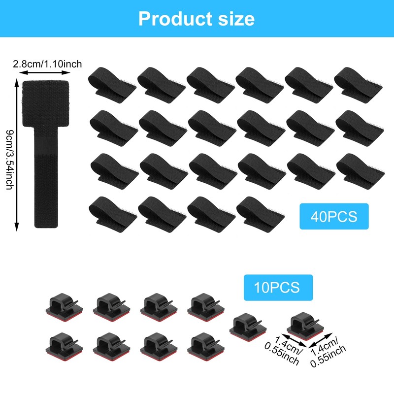 APOMOONS 50 Pcs Under Desk Cable Management, Hook and Loop