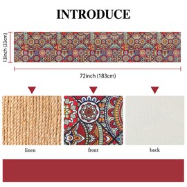 Linen Table Runner 33 X 183cm Boho Mandala Flower Geometric Stripe Tribal Vintage Coffee Table Runner Bohemian Style Table Runner Orange Dining Table Bedside for Everyday Use Colorful Red 13" x 72"