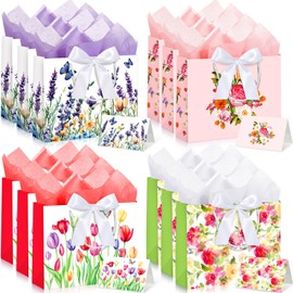 MotiMind 12 Sets 13" Large Gift Bags, Paper Gift Bags with Handles, Ribbon, Greeting Cards, and Tissue for Easter Birthday Wedding Mother’s Day Party Supplies (Multicolor,Flower)