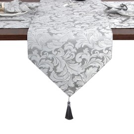 EHouseHome Jacquard Damask Reversible Silver Grey Table Runners with Tassels 13 x 72 inch Wrinkle and Water Resistant Spill-Proof Decorative Dining and Wedding Runners