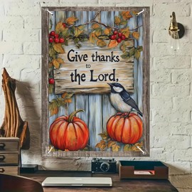 BlissYard Religious Autumn Window Banner 31x47 Inch Thanksgiving Pumpkin Corn Maple Leaf Psalm Verse Holiday Decor Indoor Outdoor Door Cover Display with Ofrenda Papel Picado Photo Background