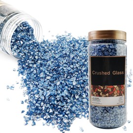 HappyFiller 1.3 Pound Broken Crushed Glass 3-7mm Fairy Garden Succulent Gravel Soil Cover Mini Stone Pieces,Vase Filler,Candle Holder Decor Mini Rock,DIY Resin Art,Paint,Craft Glitter,Pacific Blue