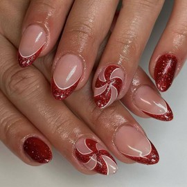 Tyuimhx Christmas Press on Nails Short Oval Fake Nails With Candy Designs Xmas Red Glitter French Tip False Nails Glossy Full Cover Stick on Nails Winter Acrylic Artificial Nails for Women 24 Pcs