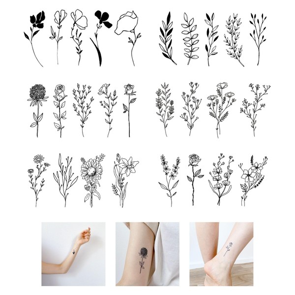 Tattoo Stickers 30 Different Flowers One Point Cute Korean Black Waterproof Sticker [Lelimo] (Pattern A)