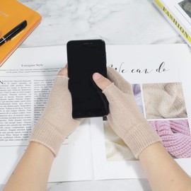 ZLYC Women's Wool Half Finger Gloves Winter Knitting Fingerless Gloves, Plain tan