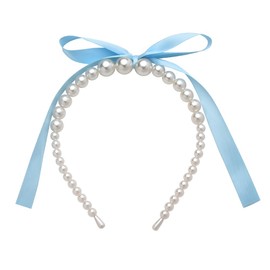 Pearl Bowknot Headband for Women Girls Blue Bow Knotted Hair Band for Women Girls Bridal Hair Decorations with Bows Pearl Headpiece for Women Girl