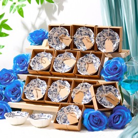 SiliFine 12 Pcs Wedding Favors for Guests Small Ceramic Bowl Bulk Gifts Set 3.3 Inch Floral Design Mini Dipping Bowl Sauce Dish with Cards Box for Bridal Baby Shower Birthday Guest Gift (Blue)